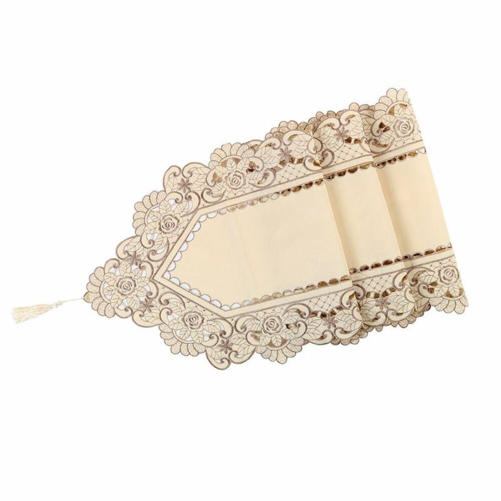 Dining Table Runner Embroidered Tassel Floral Lace 15x59 Inches Light Beige